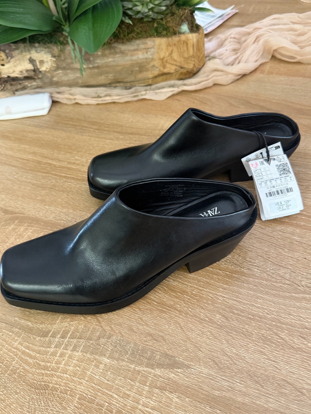 Zara Black Leather Square-Toe Mule Heels